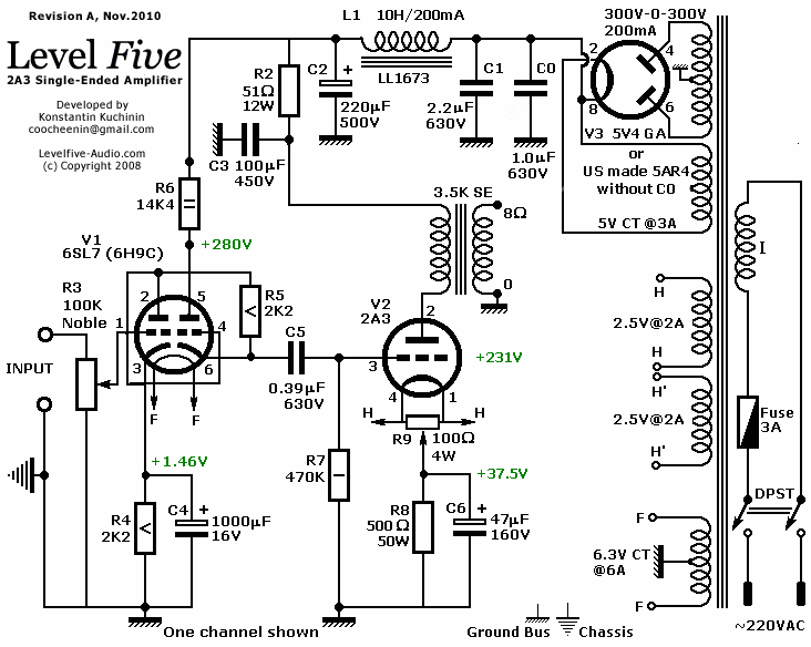Level Five 2A3 Stereo Amplifier Schematic